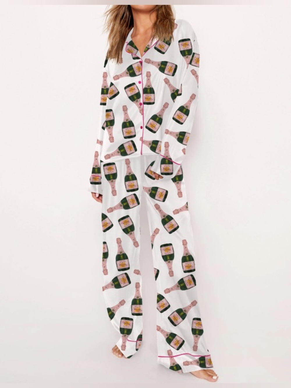 SheShow Champagne Bottle Print Long Sleeve wit Pant Pajama Set - White & Pink